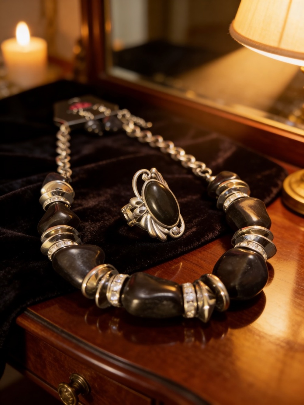 paparazzi Black Beaded Statement Necklace and Ring Set